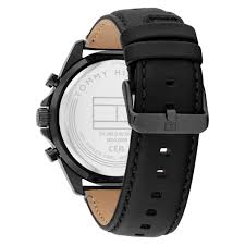 Tommy Hilfiger Jax watch caseback showing transparent display and black leather strap