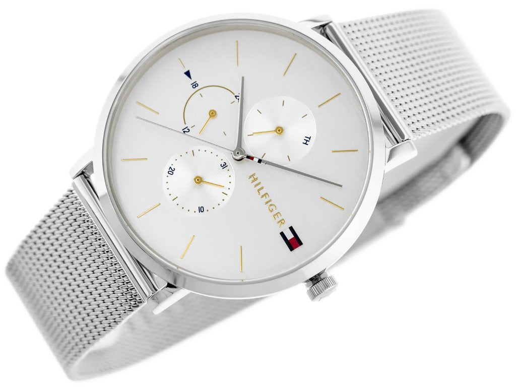 Tommy Hilfiger Jenna watch angled view showing silver mesh strap and dial details