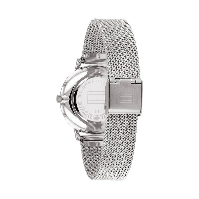 Tommy Hilfiger Jenna watch caseback and side view with mesh strap clasp