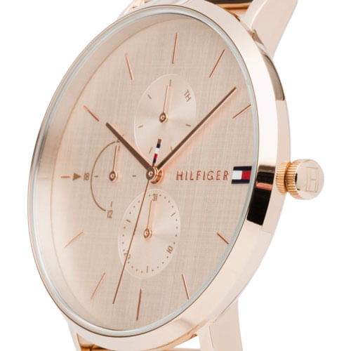 Side angle view of Tommy Hilfiger Jenna rose gold watch showing dial and bezel detail