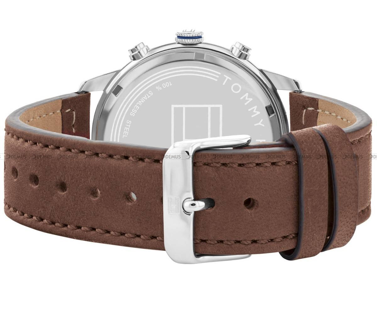Back view of Tommy Hilfiger Jimmy watch case with brown leather strap and silver-tone buckle