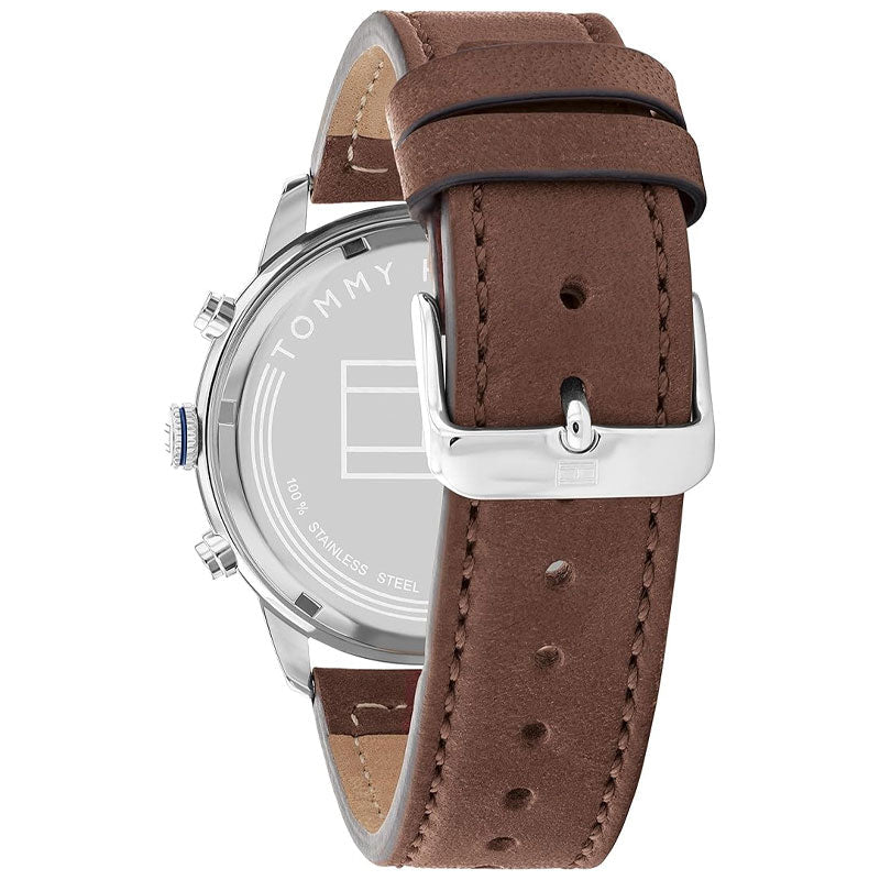 Tommy Hilfiger Jimmy watch brown leather strap with white stitching and adjustment holes