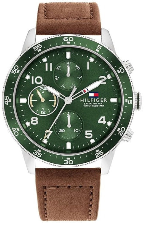 Tommy Hilfiger Jimmy chronograph watch with green dial and brown leather strap