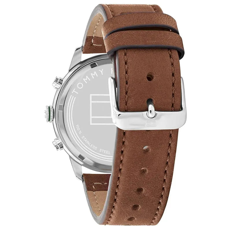Tommy Hilfiger Jimmy watch side view showing brown leather strap and caseback