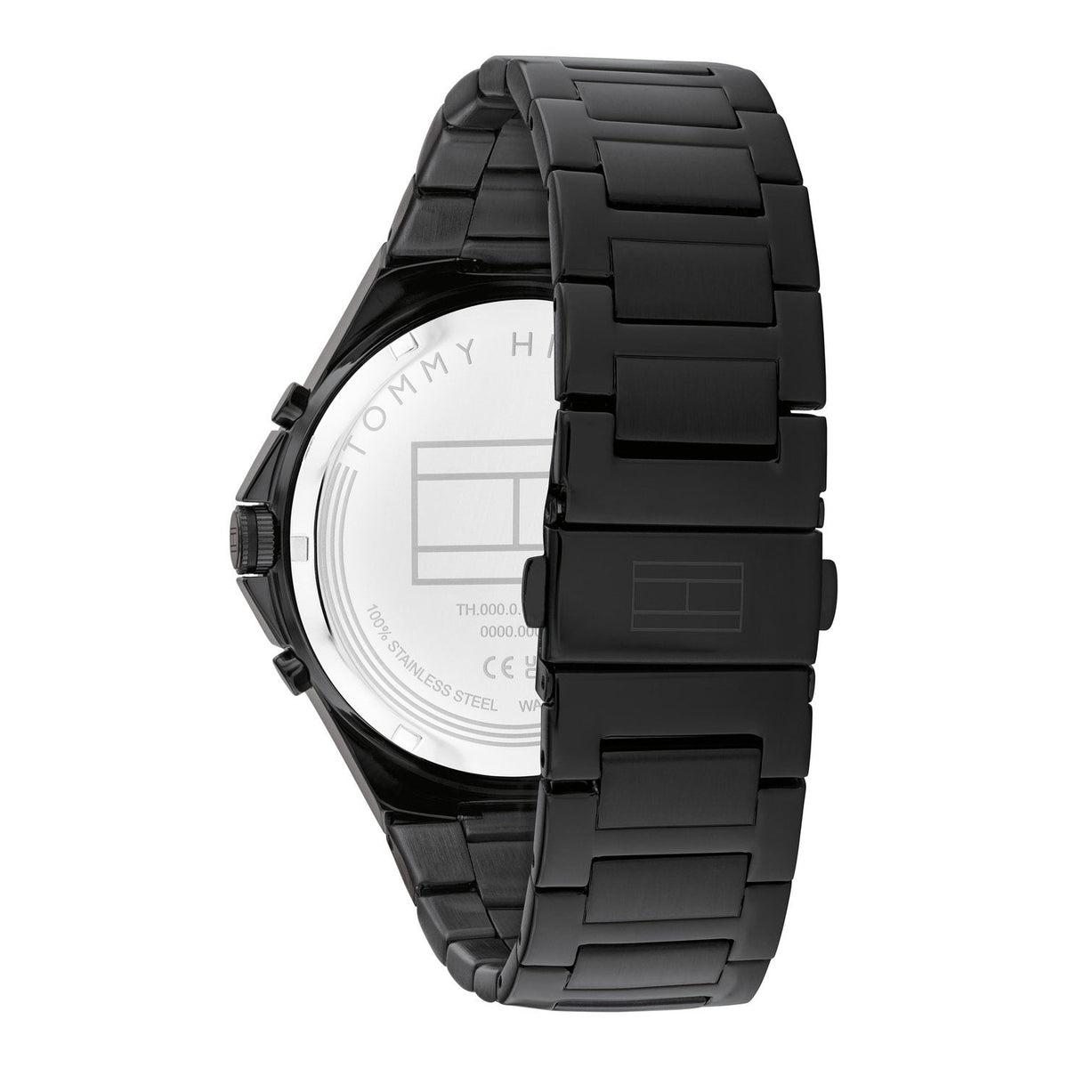 Tommy Hilfiger Justin watch caseback showing white dial and black steel bracelet