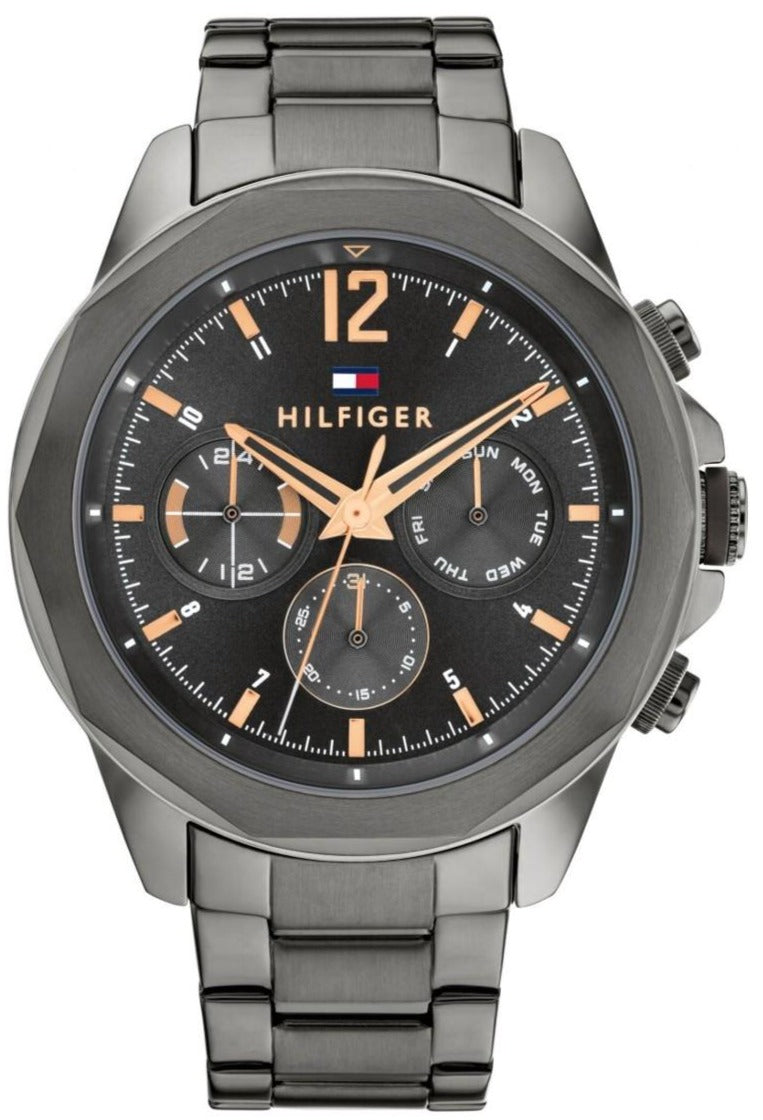 Tommy Hilfiger Kane grey steel chronograph watch with black dial and rose gold hands
