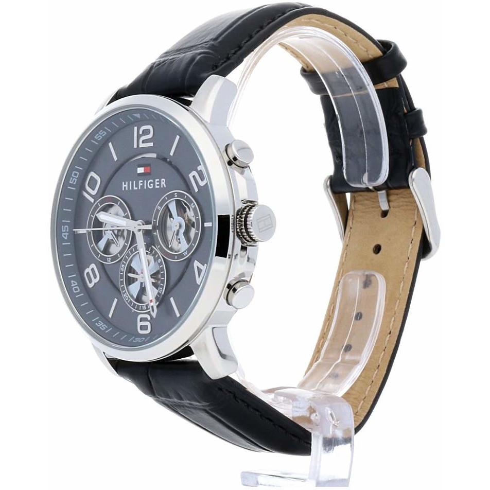 Tommy Hilfiger Keagan watch side view showing black leather strap and case profile