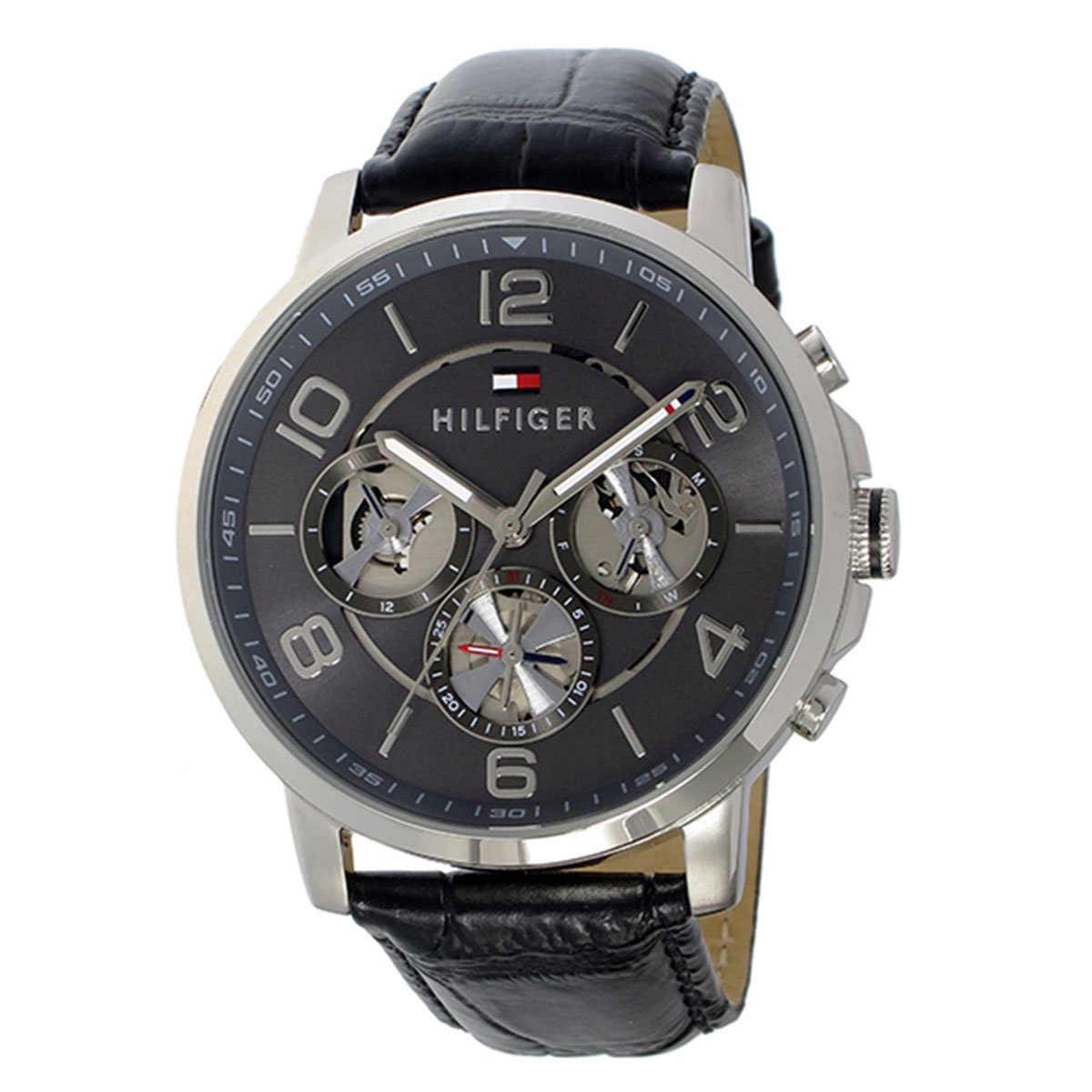 Tommy Hilfiger Keagan watch with grey dial and three subdials on black leather strap