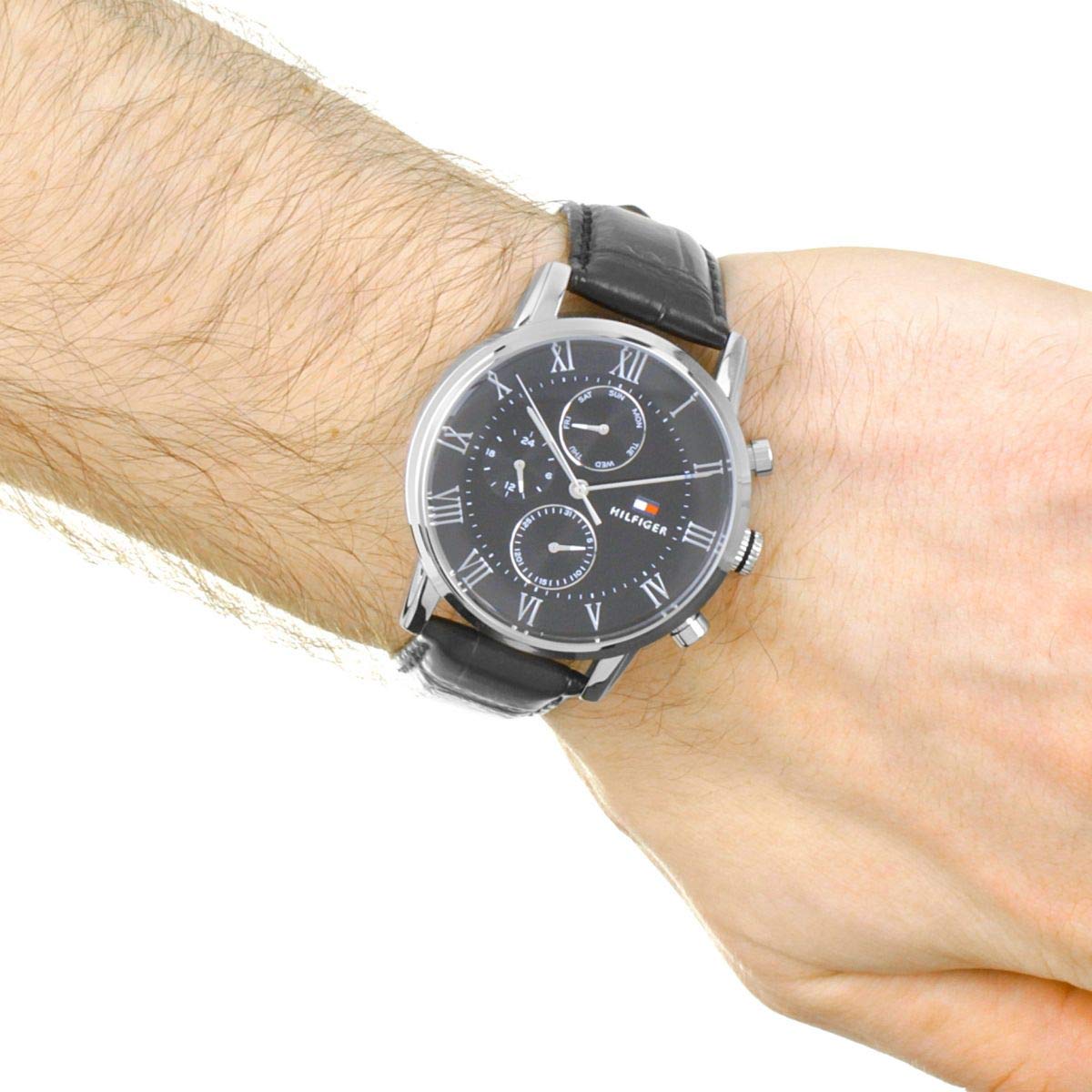 Tommy Hilfiger Keagan watch worn on wrist with black leather strap