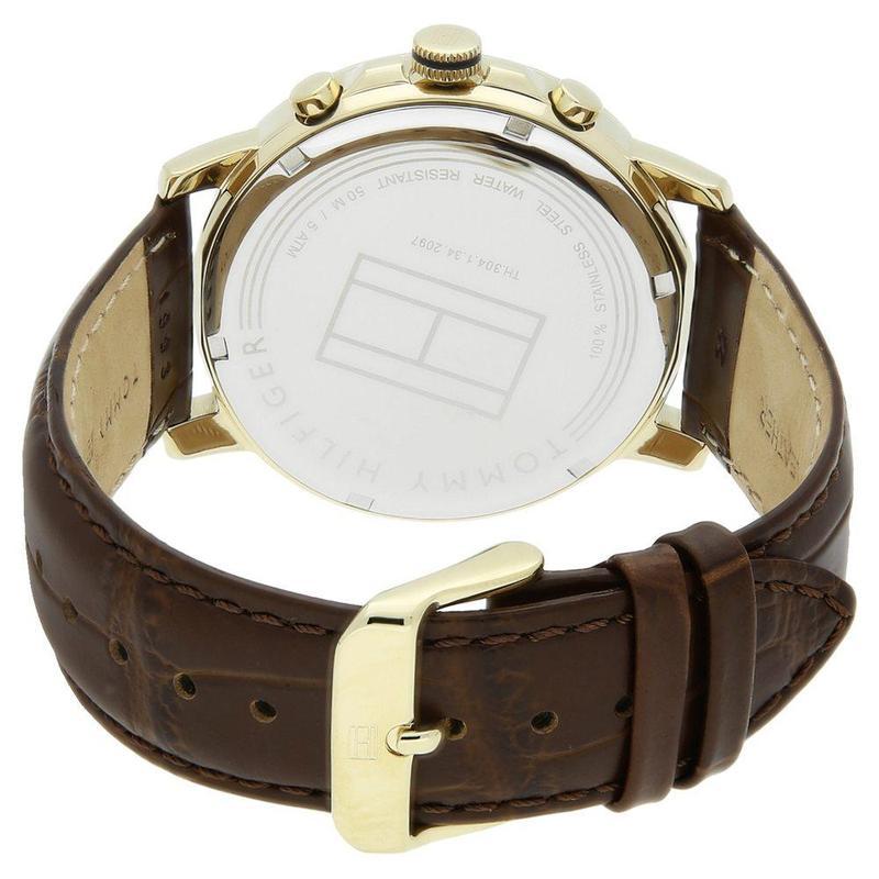 Caseback of Tommy Hilfiger Keagan watch showing white dial and brown leather strap