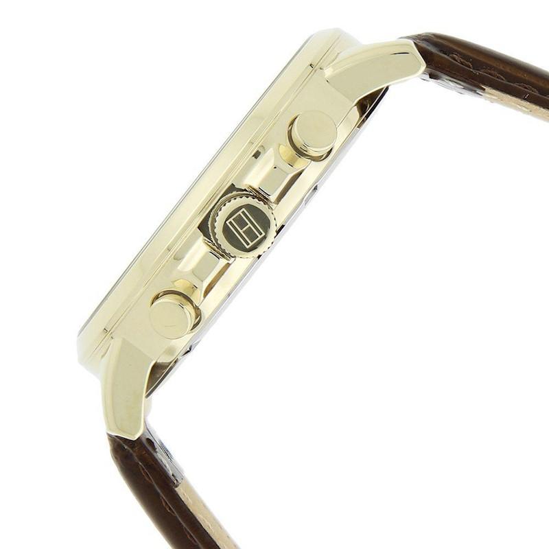 Side view of Tommy Hilfiger Keagan watch with brown leather strap and gold-tone case