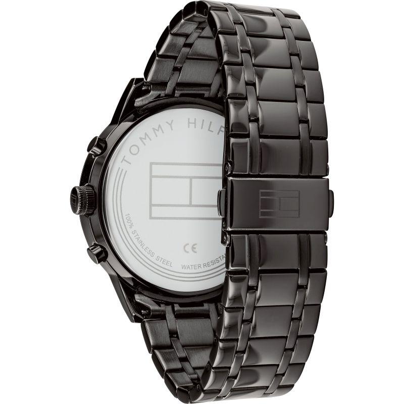 Case back of Tommy Hilfiger Kyle watch showing water resistance rating and Tommy Hilfiger branding