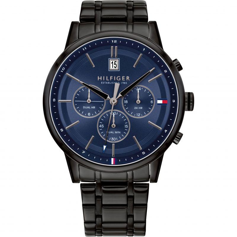 Tommy Hilfiger Kyle dual time men's chronograph watch with blue dial and black steel bracelet