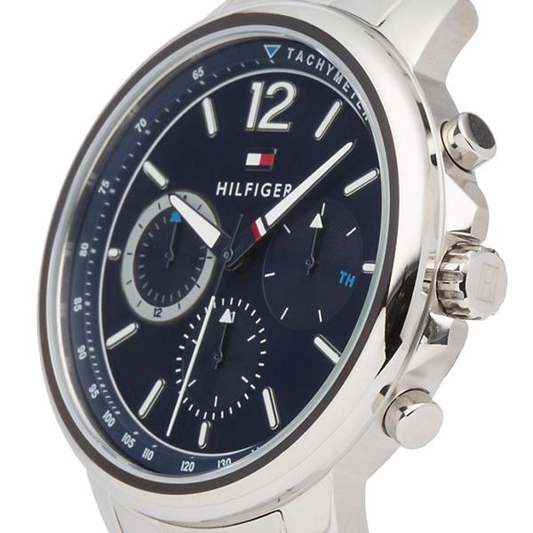 Side angle view of Landon chronograph watch showing blue dial, tachymeter bezel, and crown and pushers