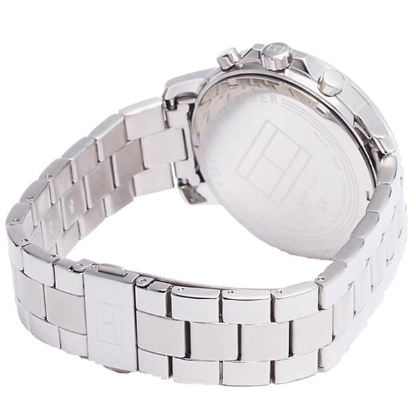 Caseback view of silver stainless steel watch bracelet and case showing link details