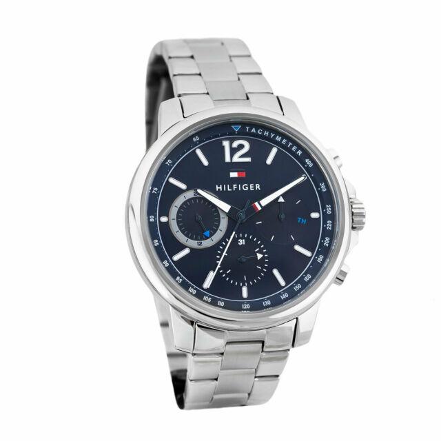 Tommy Hilfiger Landon chronograph watch with blue dial, silver case and bracelet, visible chronograph subdials