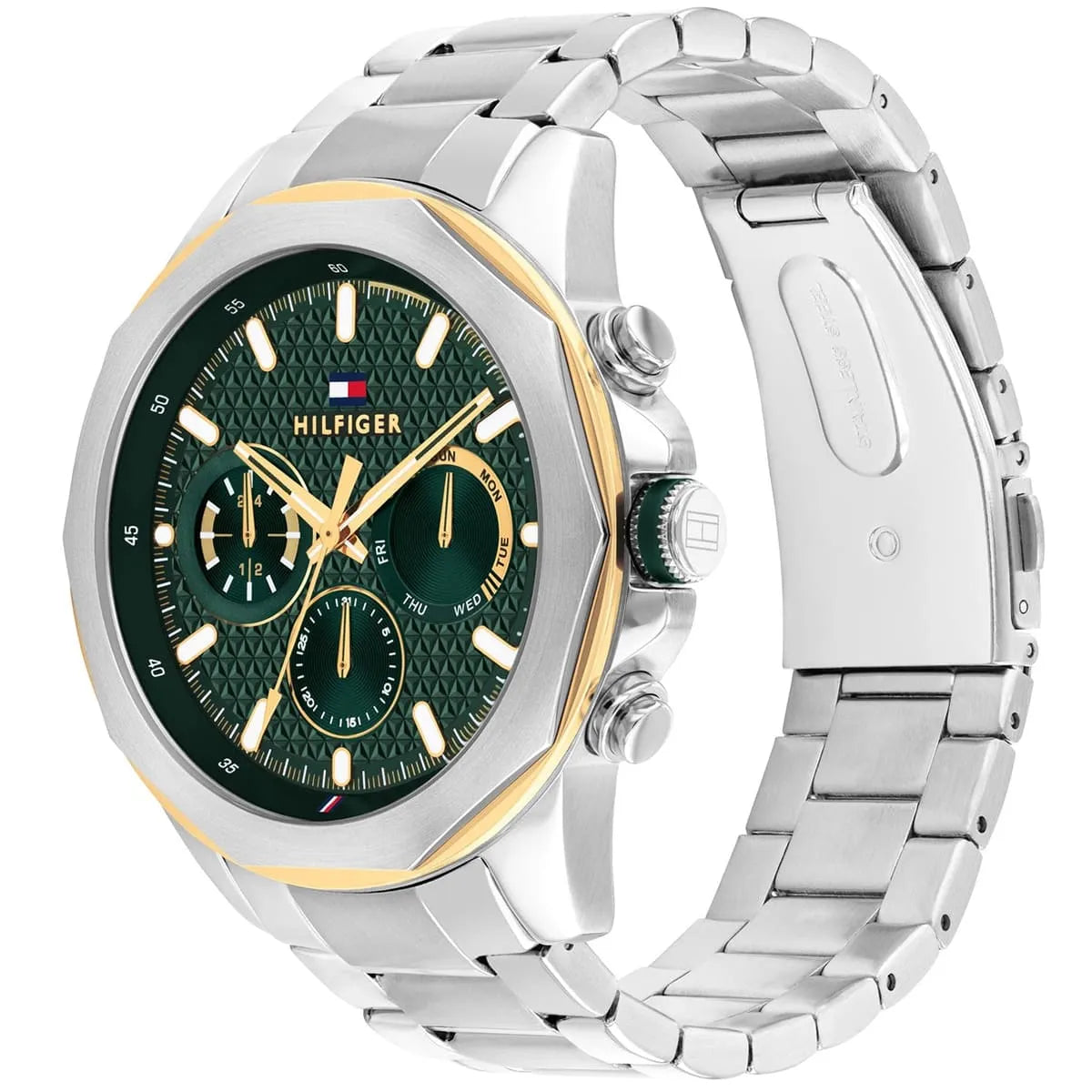 Side angle view of Tommy Hilfiger Lars watch showing stainless steel bracelet and gold bezel accent
