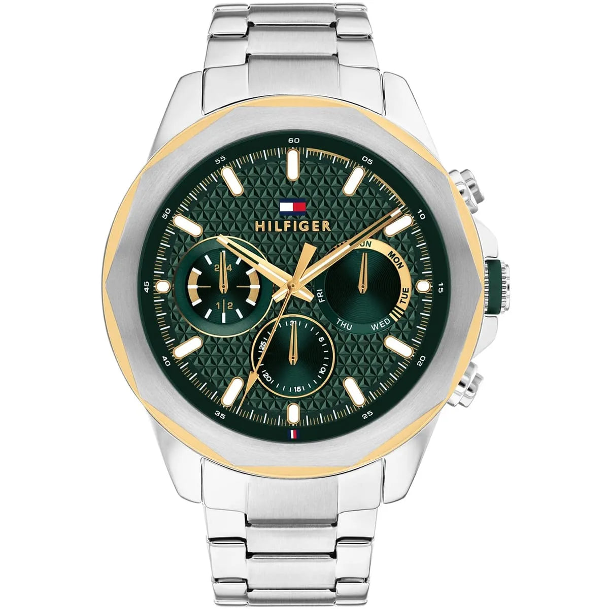 Tommy Hilfiger Lars men's watch with green dial, gold chronograph hands, and stainless steel bracelet