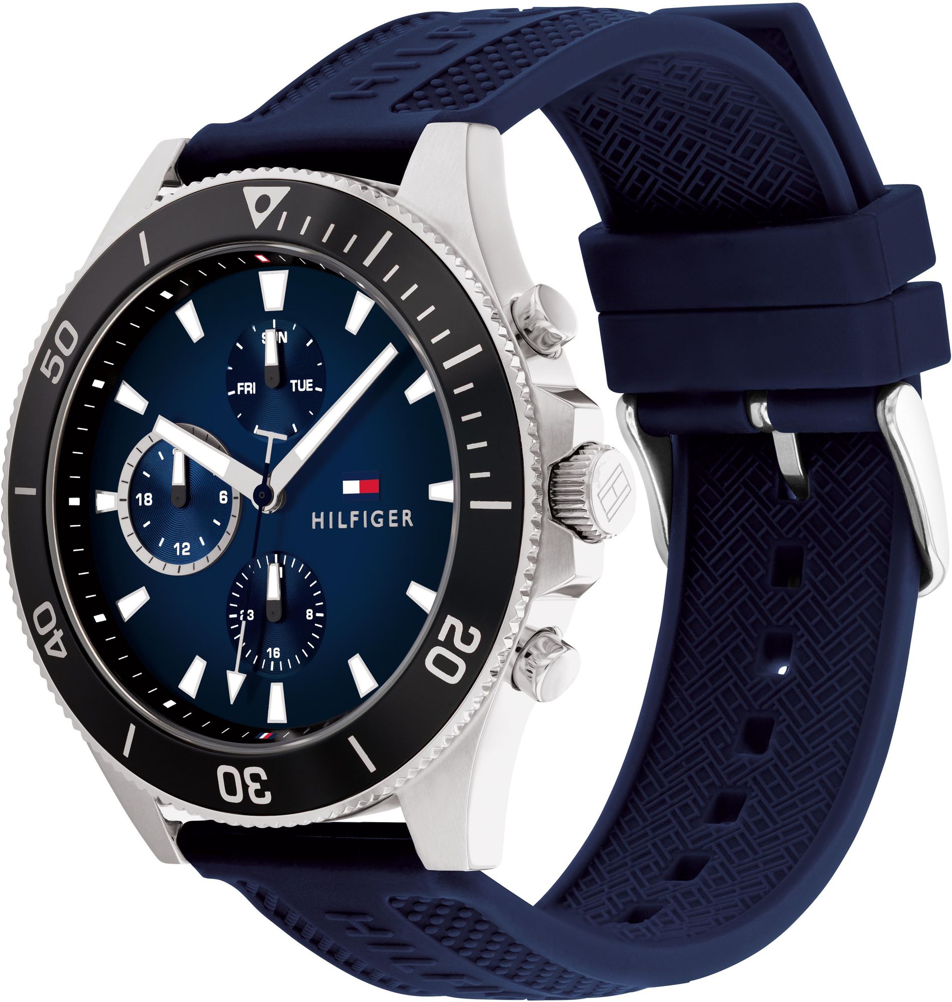 Tommy Hilfiger Larson chronograph watch shown at angle with blue rubber strap visible