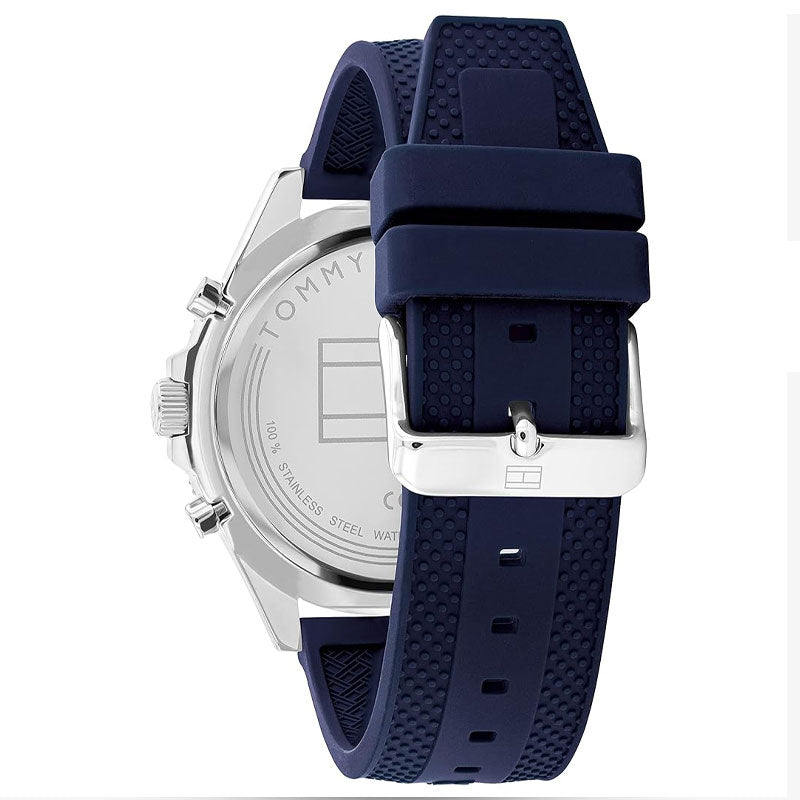 Tommy Hilfiger Larson watch strap detail showing blue rubber band with buckle