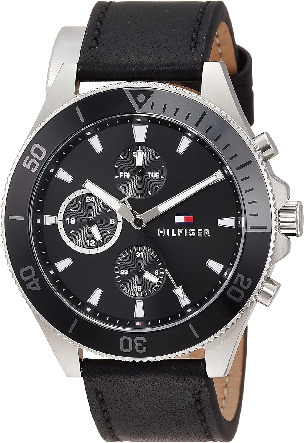 Tommy Hilfiger Larson watch angled view showing black leather strap and dial detail