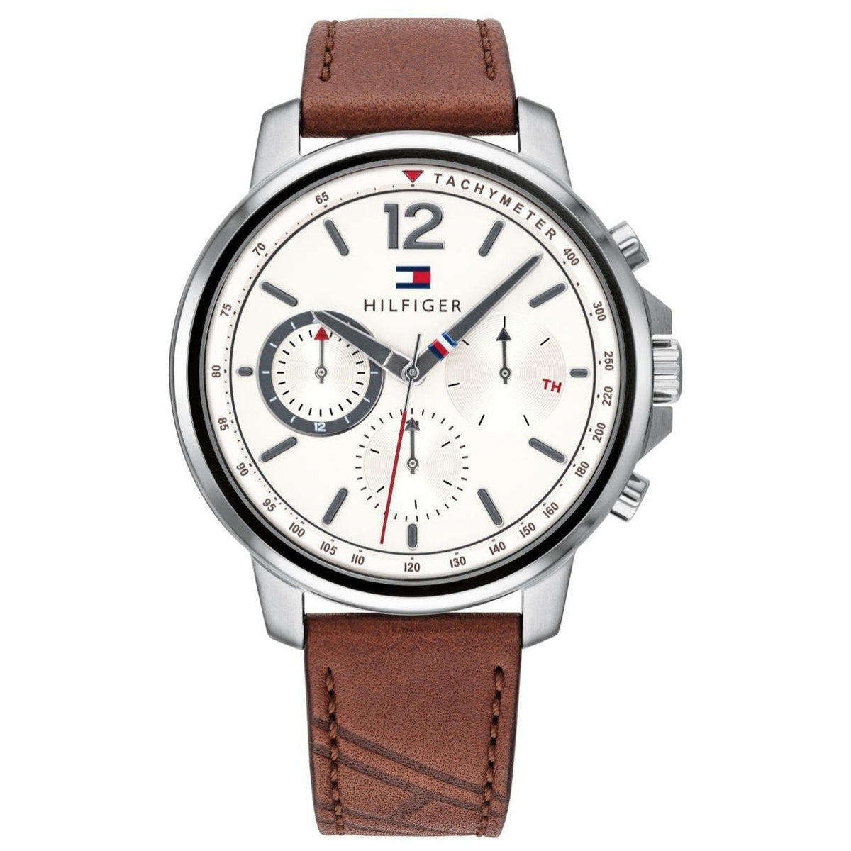 Tommy Hilfiger men's chronograph watch with white dial, brown leather strap, and stainless steel case