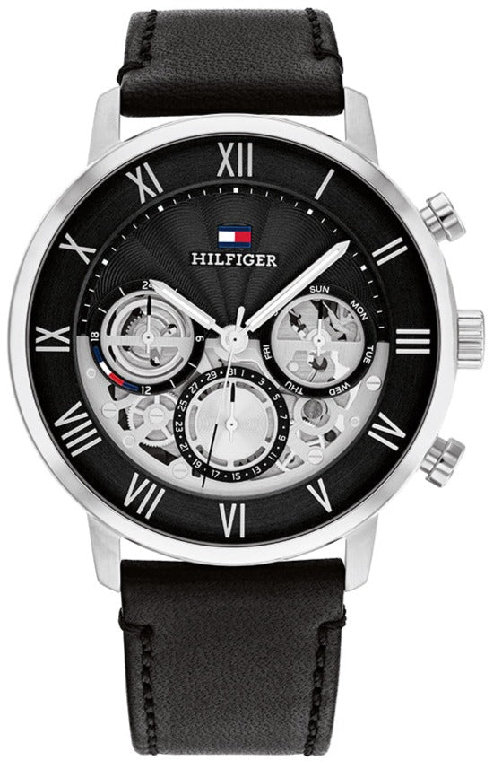 Tommy Hilfiger Legend chronograph watch with black dial and black leather strap