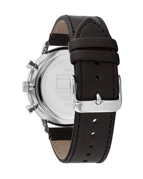Tommy Hilfiger Legend 44mm watch showing caseback with black leather strap and silver buckle