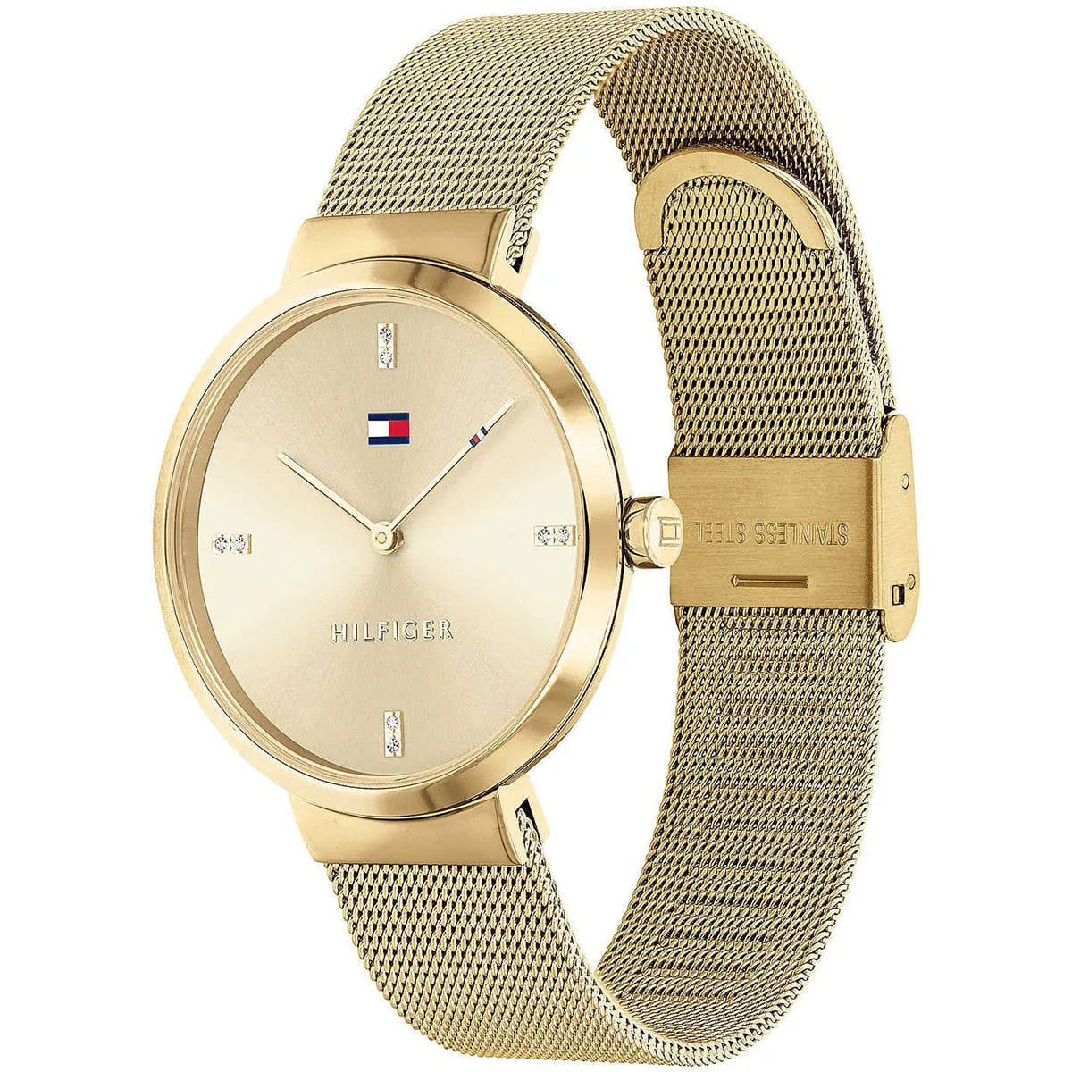 Tommy Hilfiger Liberty watch angled view showing gold mesh strap and case