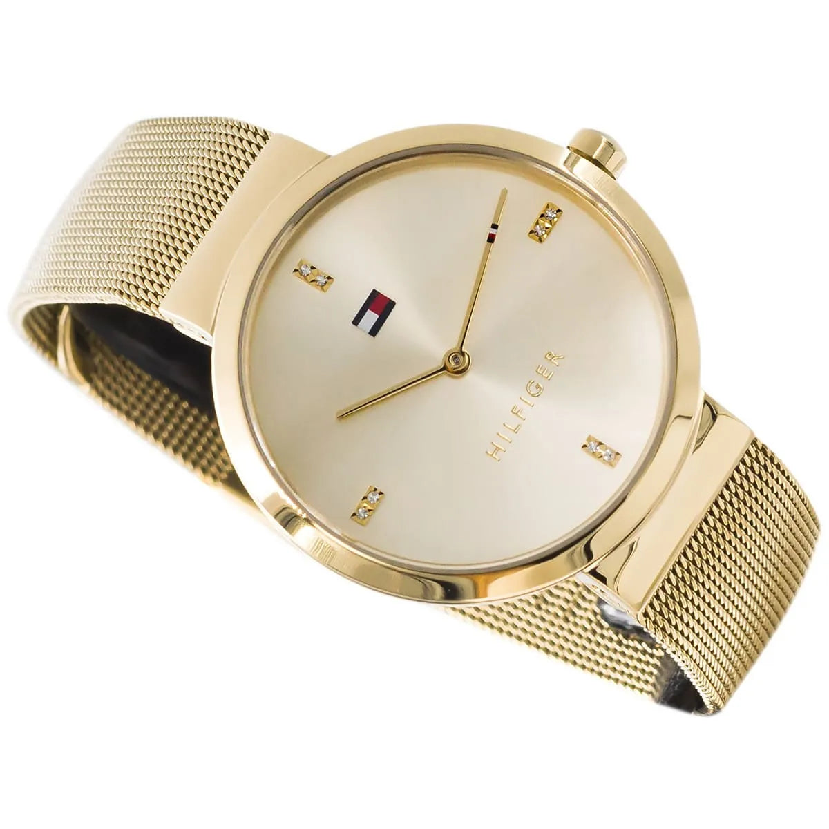 Close-up of Tommy Hilfiger Liberty watch dial with crystal markers and logo