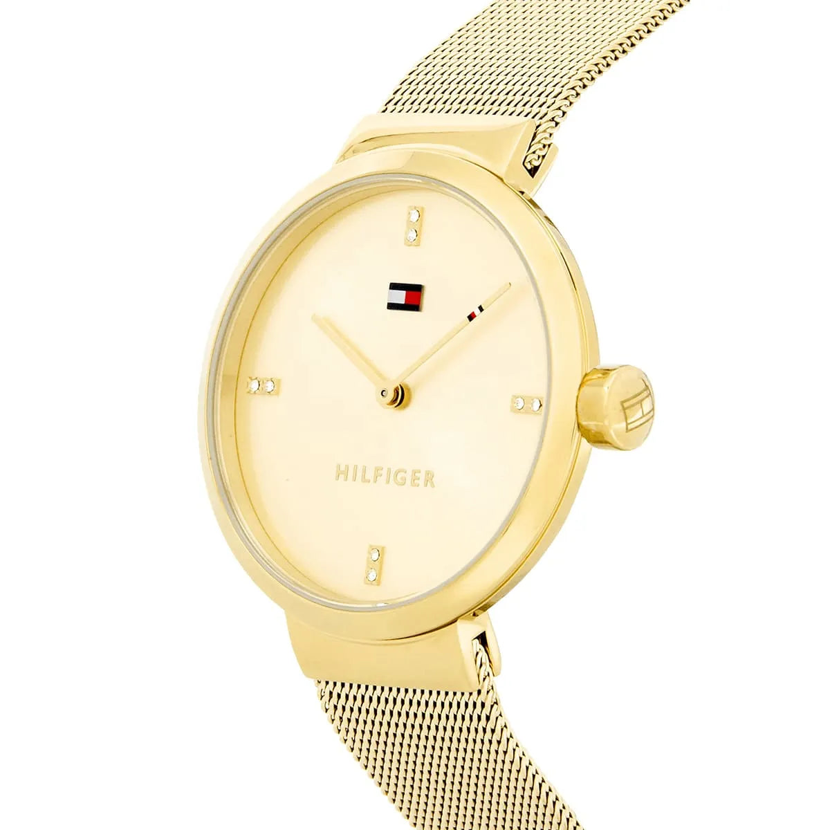 Tommy Hilfiger Liberty watch side view with crown and gold mesh strap