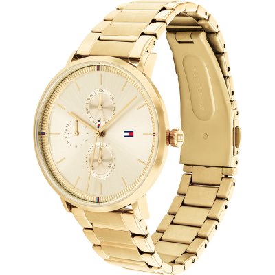 Tommy Hilfiger Liberty gold men's watch angled view showing cream dial and gold link bracelet
