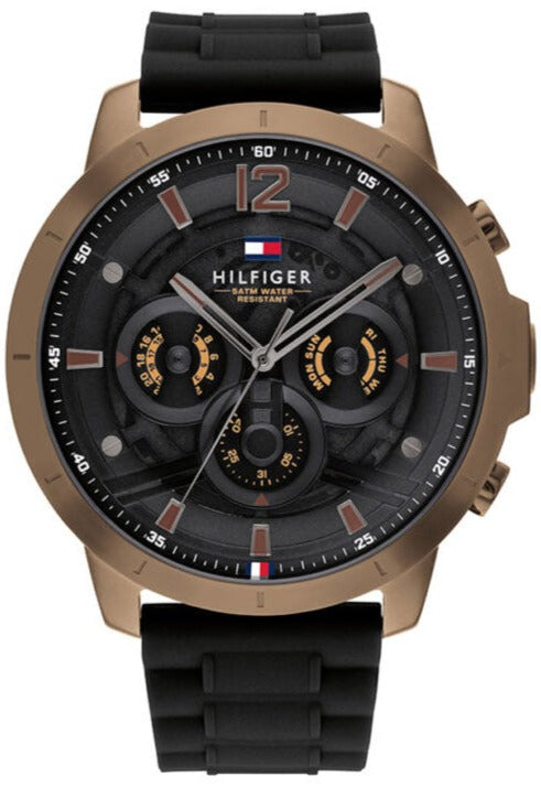 Tommy Hilfiger Luca chronograph watch with black dial and rose gold case