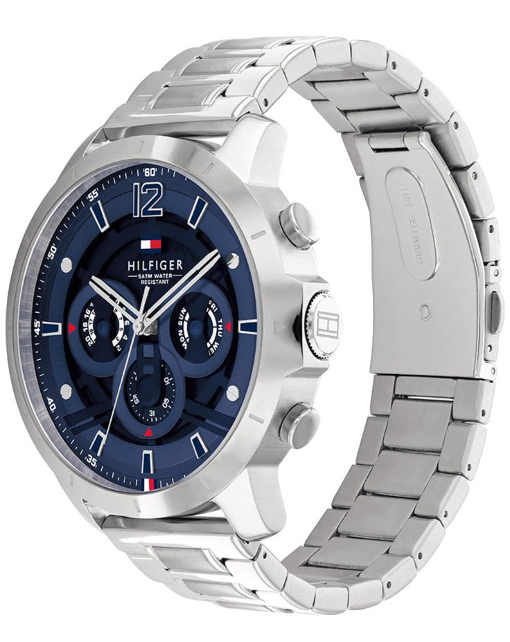 Tommy Hilfiger Luca Chronograph side profile showing silver steel bracelet and blue dial