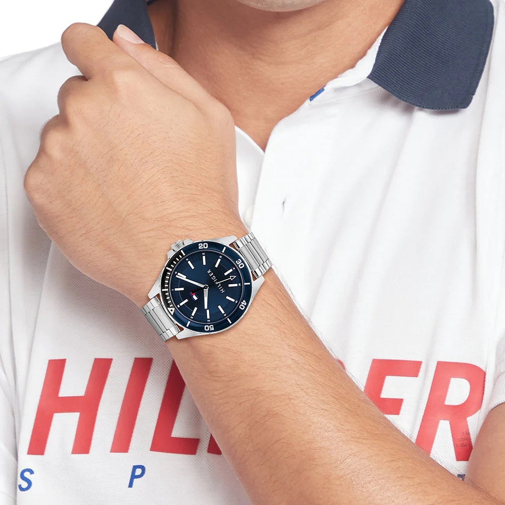 Tommy Hilfiger Luca Chronograph blue dial watch worn on wrist