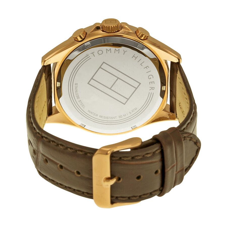 Tommy Hilfiger Luke caseback showing gold-tone case and brown leather strap with buckle