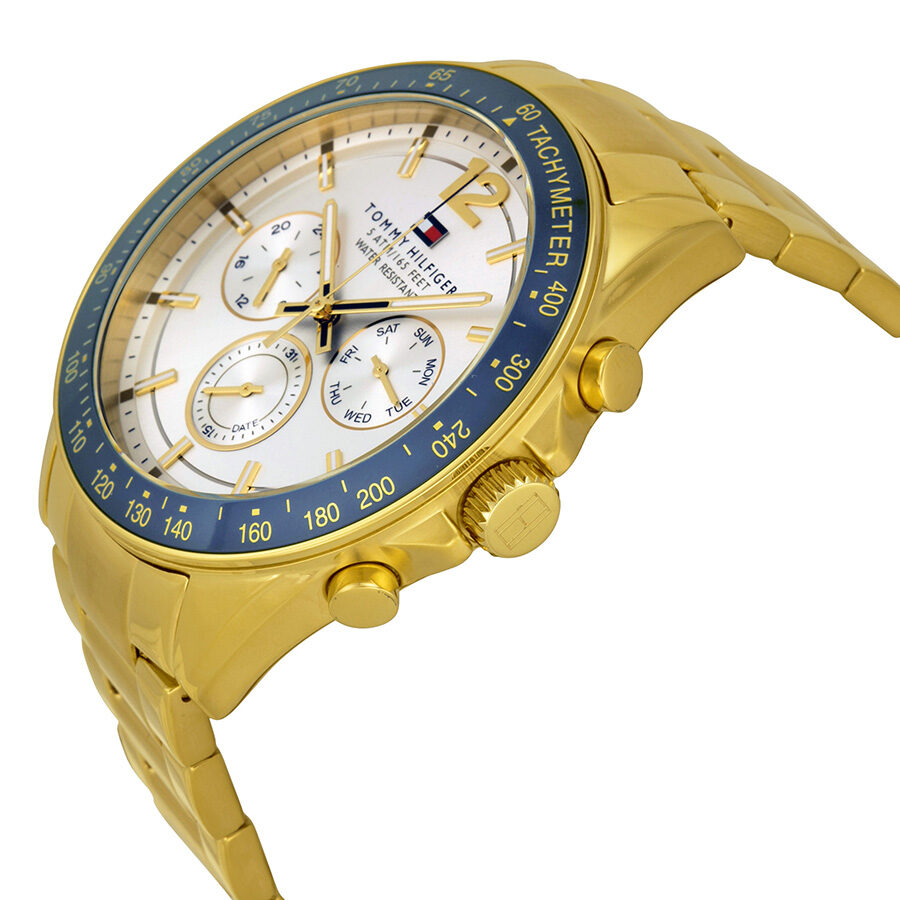 Tommy Hilfiger Luke watch side view showing gold-tone bracelet and chronograph pushers