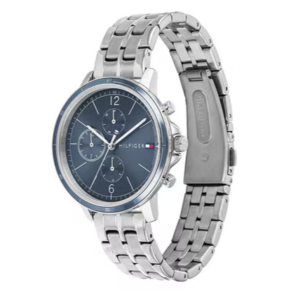 Tommy Hilfiger Madison watch side profile showing blue dial and metal bracelet