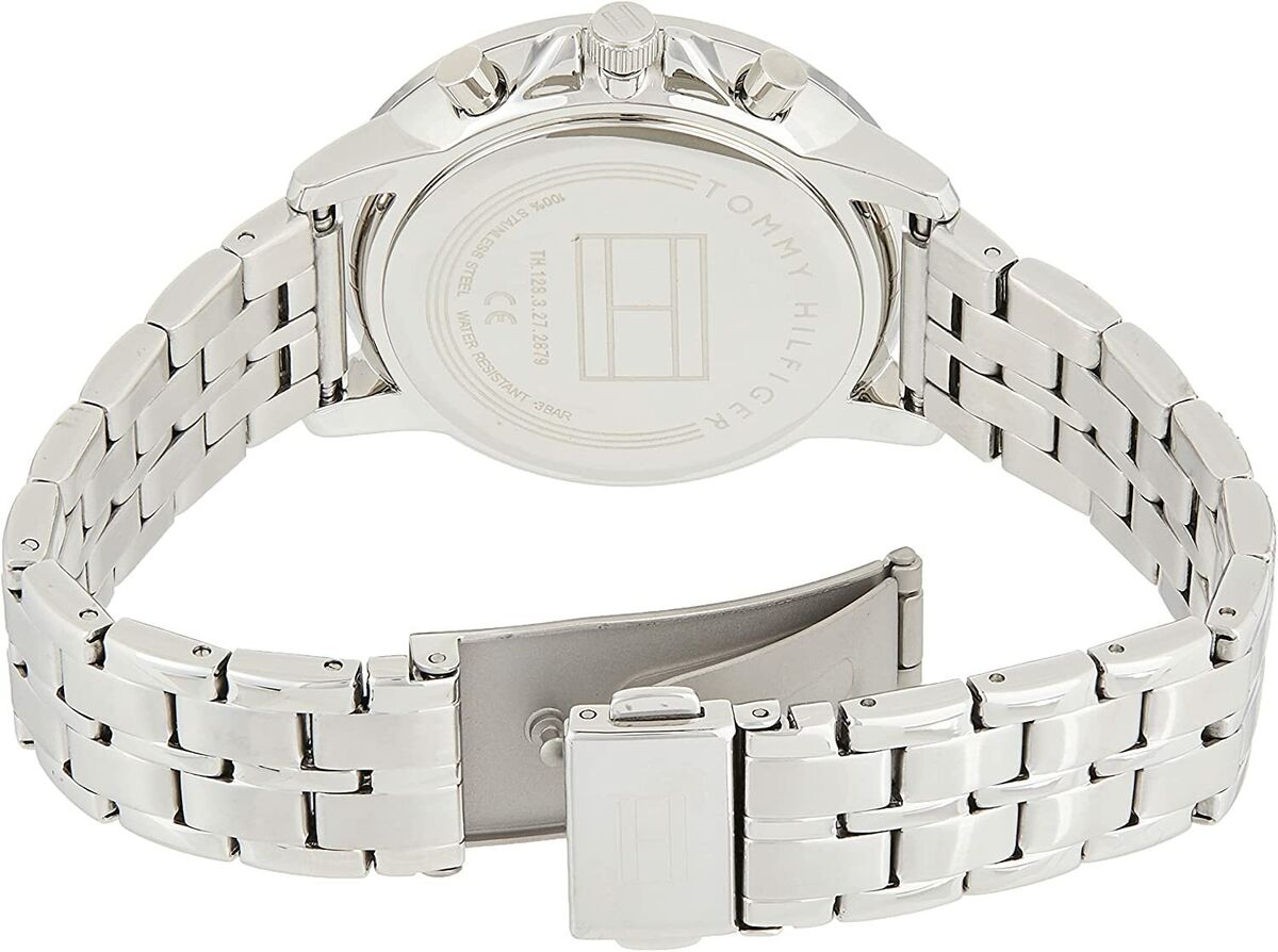 Case back of Tommy Hilfiger Madison watch showing stainless steel construction