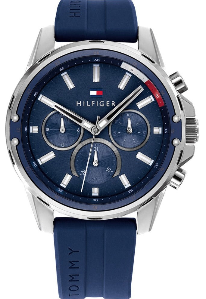 Tommy Hilfiger Mason 1791791 chronograph watch with blue dial and blue rubber strap