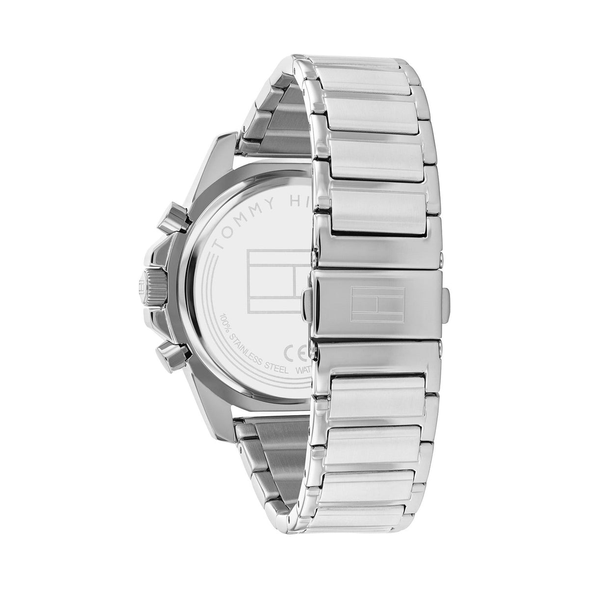 Tommy Hilfiger Mason watch side profile showing silver steel bracelet and case