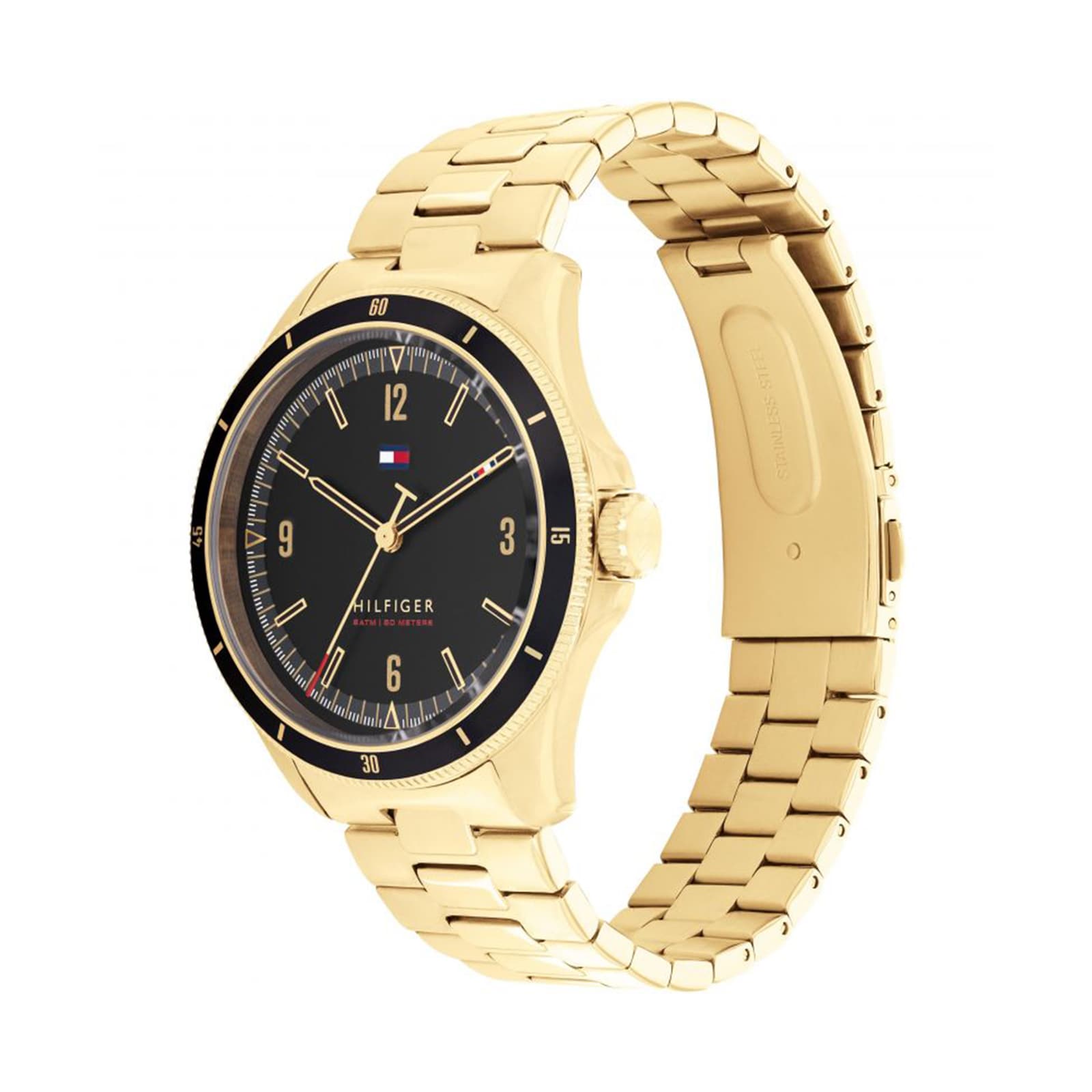 Tommy Hilfiger Maverick watch with gold-tone bracelet shown at angle