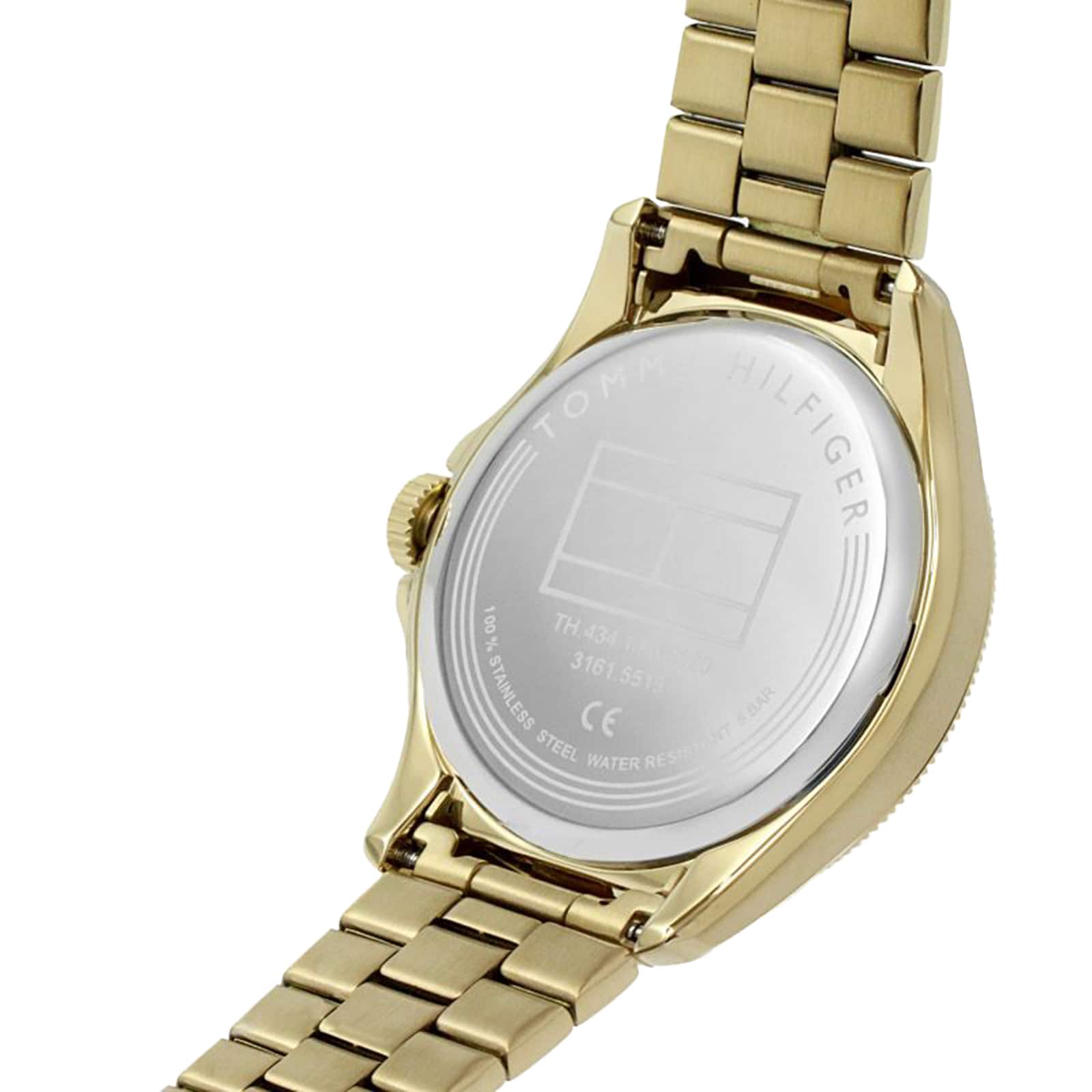Tommy Hilfiger Maverick watch caseback detail with gold-tone bracelet