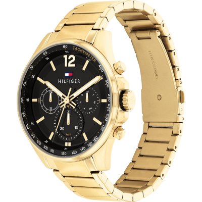 Tommy Hilfiger Max gold watch showing front dial and side profile of bracelet
