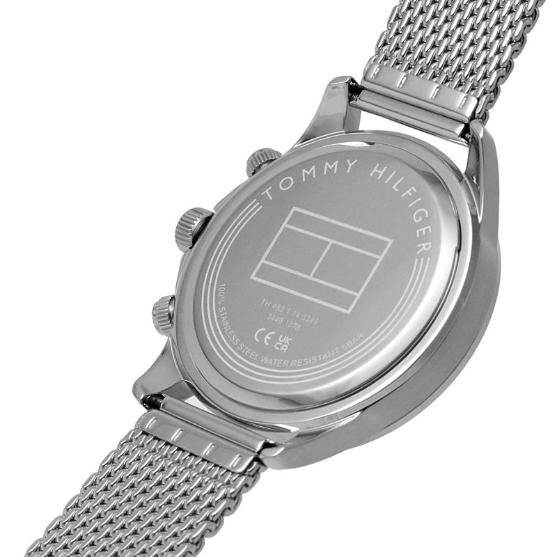 Tommy Hilfiger Miles caseback showing engraved logo and watch specifications