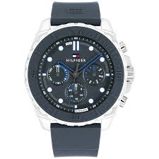 Tommy Hilfiger Morgan blue chronograph watch with white stainless steel case and dark blue dial