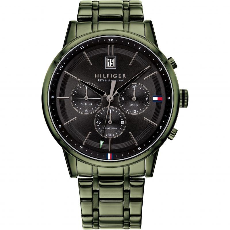 Tommy Hilfiger multi-dial quartz men's watch with olive green case, black dial, chronograph subdials, and steel band