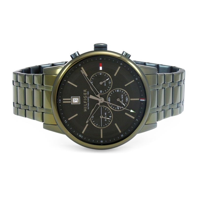 Tommy Hilfiger multi-dial chronograph watch on wrist showing full case design and bracelet fit