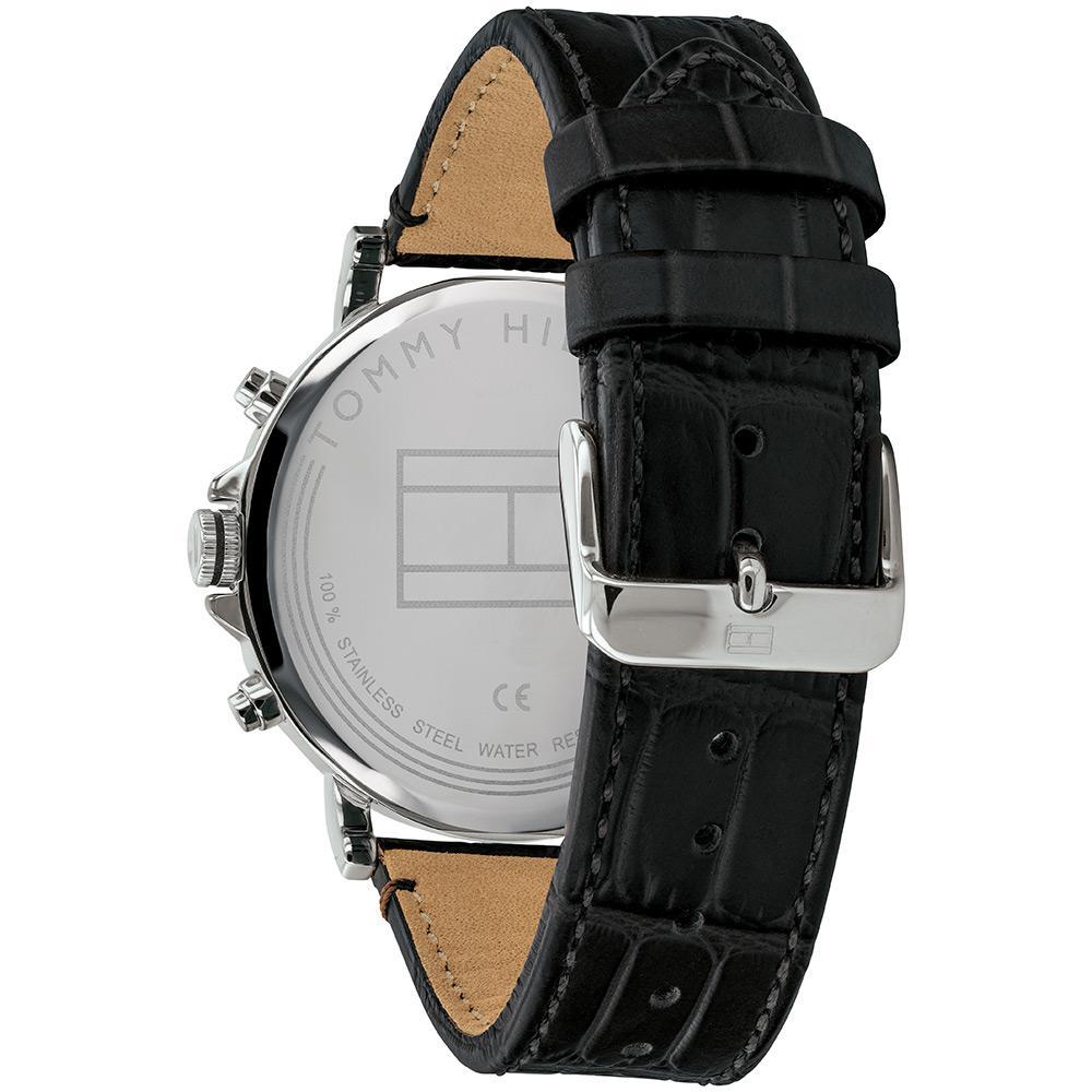 Tommy Hilfiger watch caseback and side view of black leather strap
