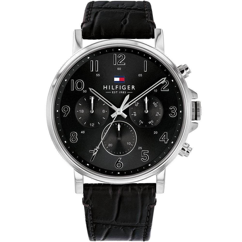 Tommy Hilfiger black dial multi-function chronograph with silver case and black leather strap